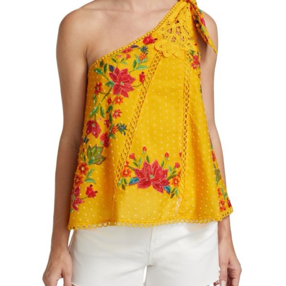 Embroidered Yellow One-Shoulder Top